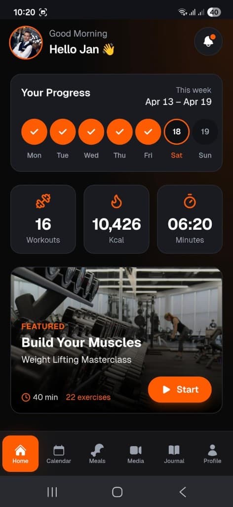 Fitness Lab app home screen showing progress, stats, and featured workout